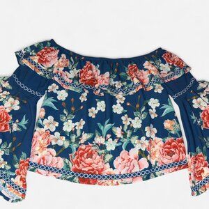 Blue Floral off-the-shoulder top with ruffle trim & elasticized bell sleeves. M